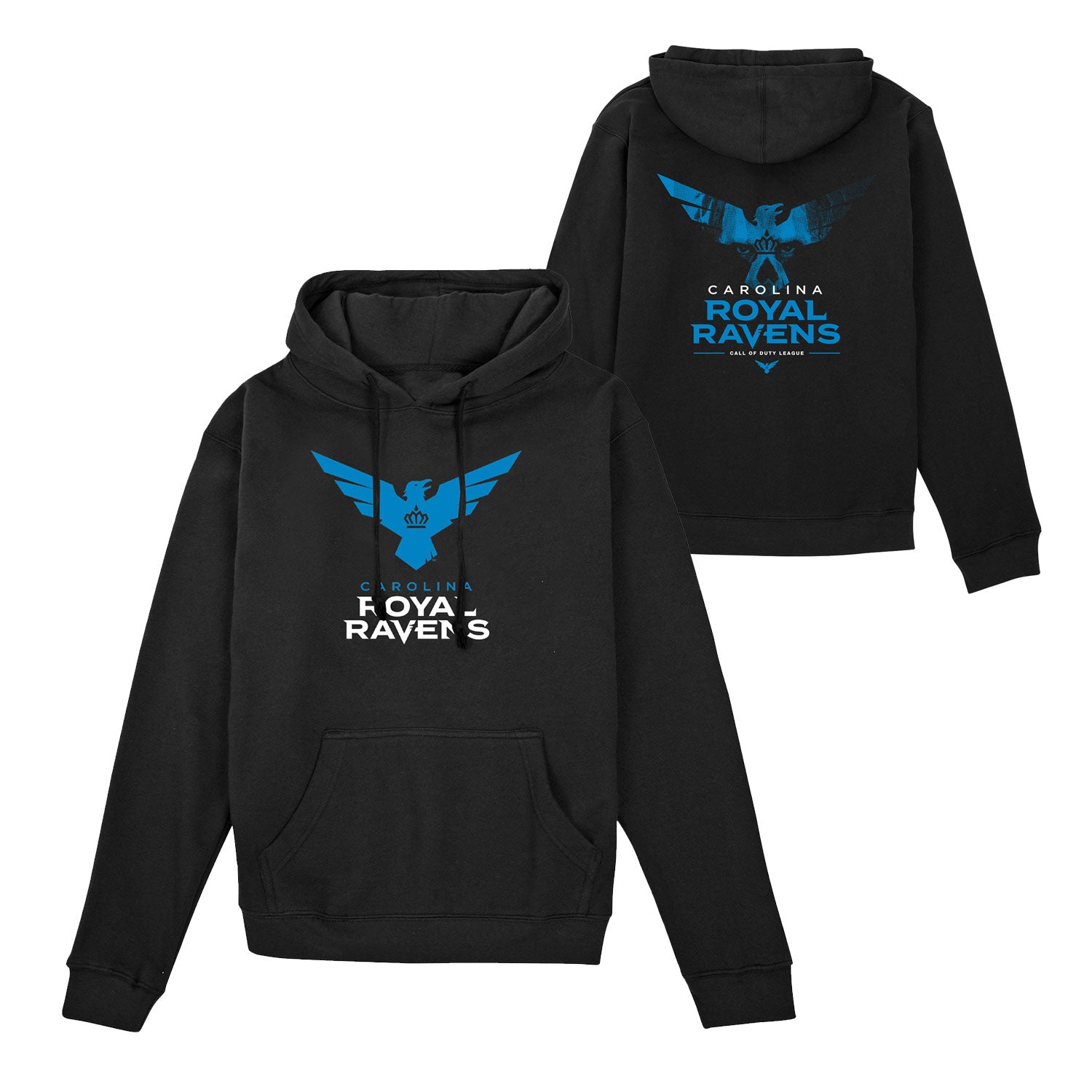 Carolina Royal Ravens Ghost Logo Black Hoodie - front and back views